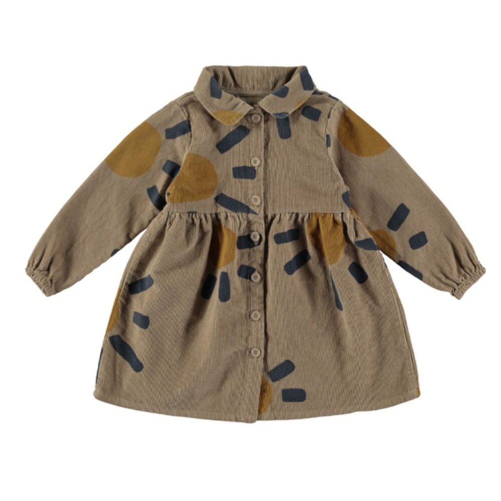Babyclic Girls Dress Sun Print Corduroy Beige Collared Long Sleeves 100% Cotton